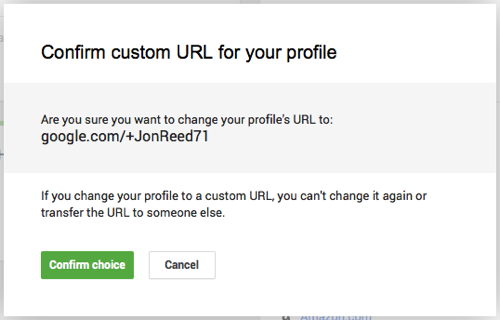 Google+ confirm choice of custom URL